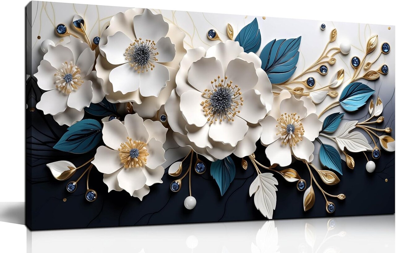 Large White & Blue Floral Canvas Wall Art – 20"x40", Modern Botanical Decor for Home & Office